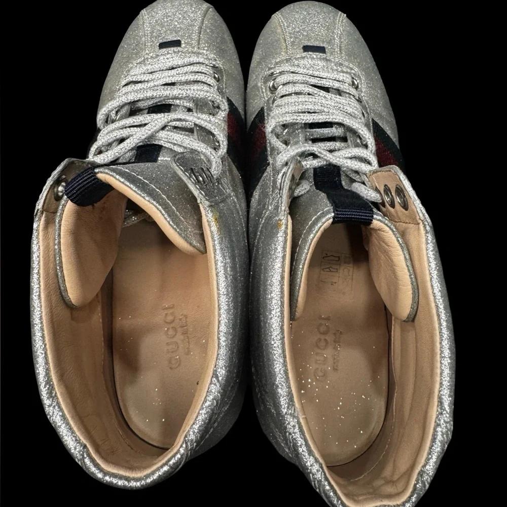 Gucci Bambi Silver Glitter High Top Sneakers EU38 Web Stripe Italy Luxury